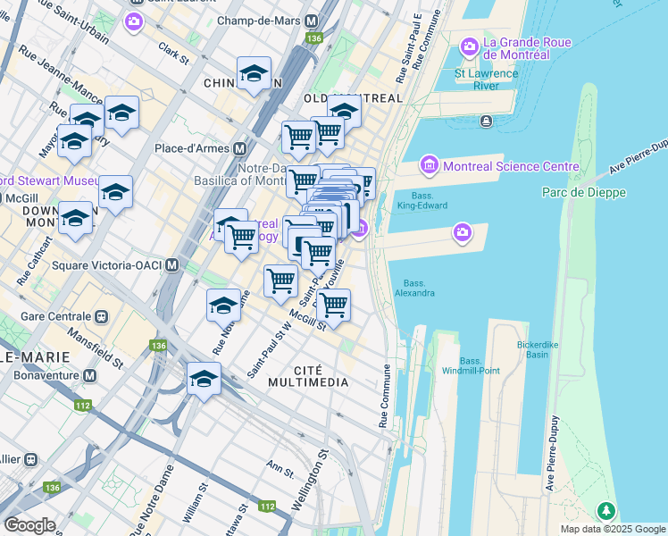 map of restaurants, bars, coffee shops, grocery stores, and more near 165 Rue Saint-Paul Ouest in Montréal