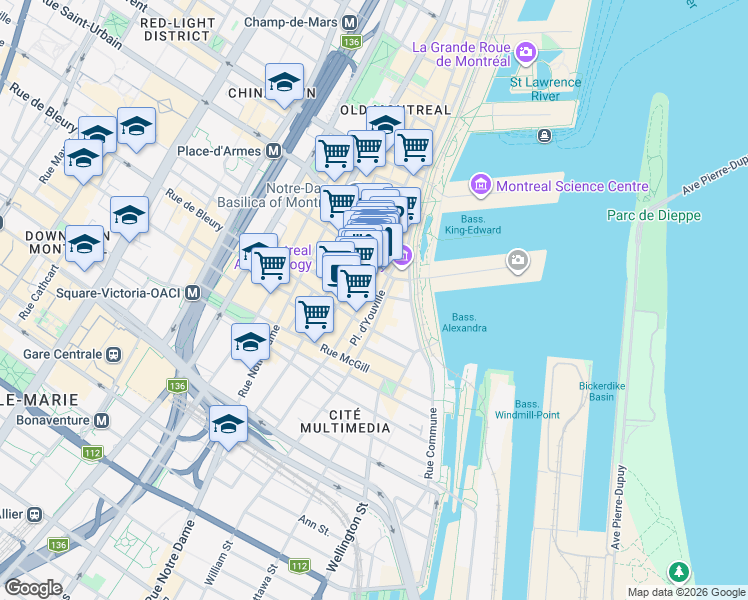 map of restaurants, bars, coffee shops, grocery stores, and more near 285 Place d'Youville in Montréal