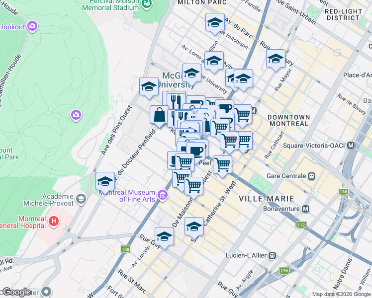 map of restaurants, bars, coffee shops, grocery stores, and more near 3410 Rue Peel in Montréal