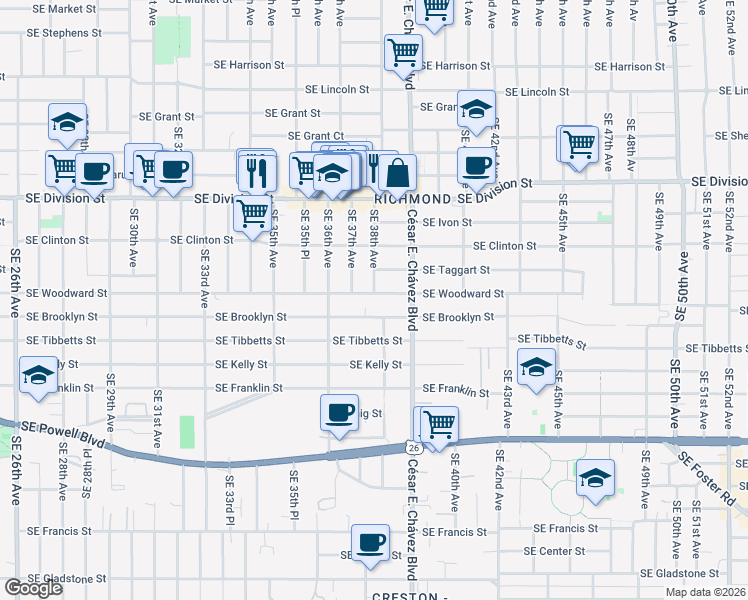 map of restaurants, bars, coffee shops, grocery stores, and more near 3742 Southeast Woodward Street in Portland