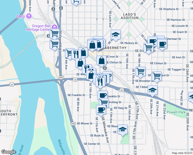 map of restaurants, bars, coffee shops, grocery stores, and more near 1110 Southeast Woodward Street in Portland