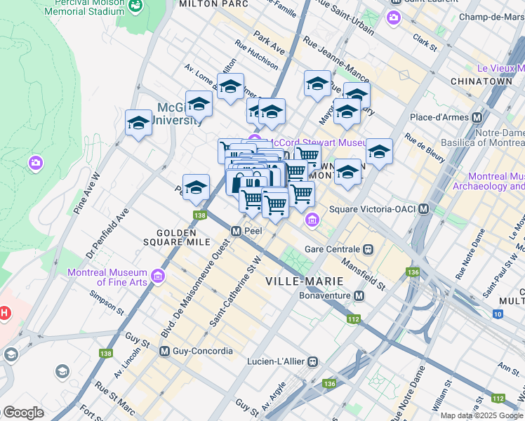map of restaurants, bars, coffee shops, grocery stores, and more near 1800 Avenue McGill College in Montréal
