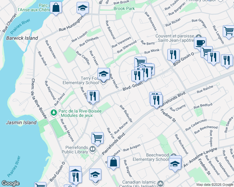 map of restaurants, bars, coffee shops, grocery stores, and more near 13230 Boulevard Gouin Ouest in Montréal