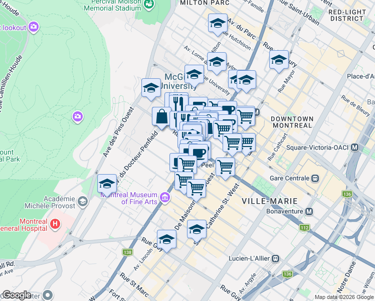 map of restaurants, bars, coffee shops, grocery stores, and more near 3410 Rue Peel in Montrã©Al