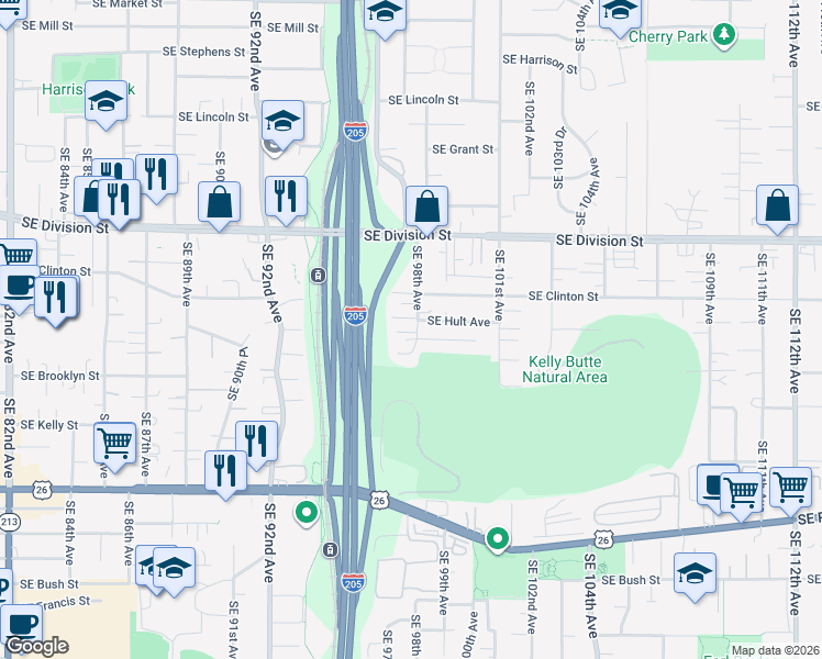 map of restaurants, bars, coffee shops, grocery stores, and more near 2763 Southeast 98th Avenue in Portland
