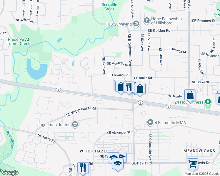 map of restaurants, bars, coffee shops, grocery stores, and more near 2373 Southeast 48th Avenue in Hillsboro