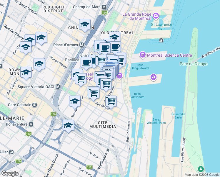 map of restaurants, bars, coffee shops, grocery stores, and more near 285 Place d'Youville in Montrã©Al