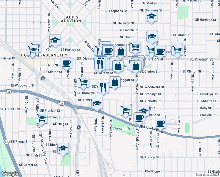 map of restaurants, bars, coffee shops, grocery stores, and more near 2226 Southeast Taggart Street in Portland