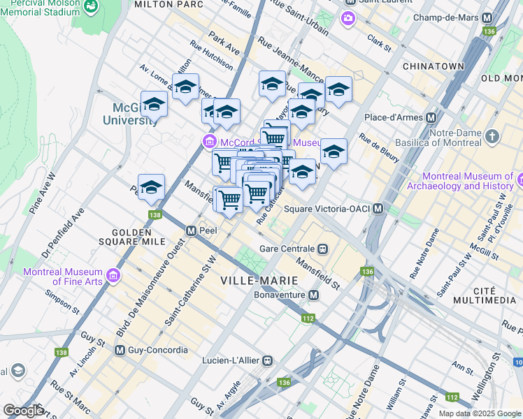 map of restaurants, bars, coffee shops, grocery stores, and more near 1253 Avenue McGill College in Montréal