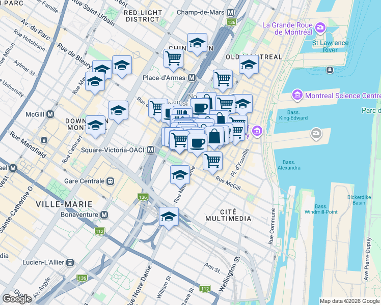map of restaurants, bars, coffee shops, grocery stores, and more near 363 Rue Saint-Jacques in Montréal