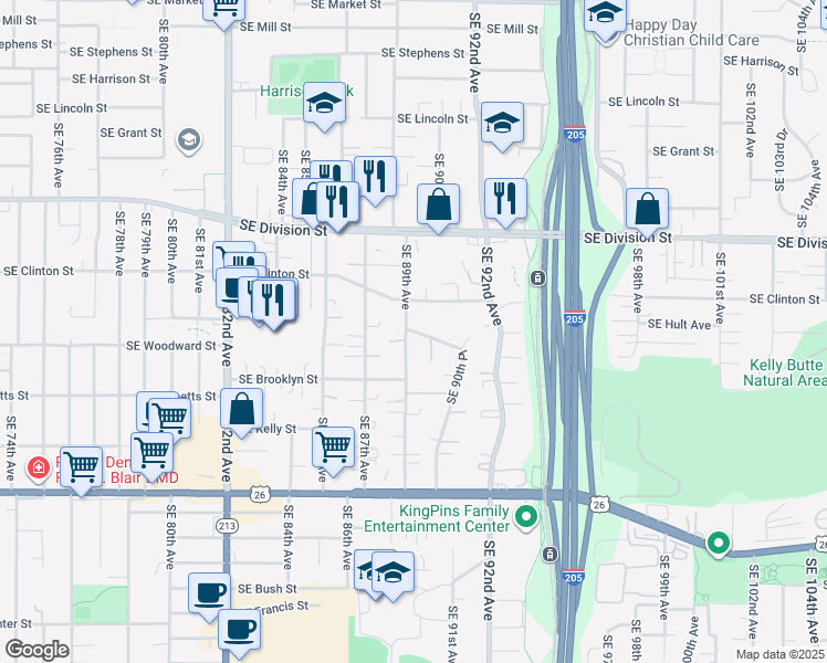 map of restaurants, bars, coffee shops, grocery stores, and more near 8930 Southeast Clinton Street in Portland
