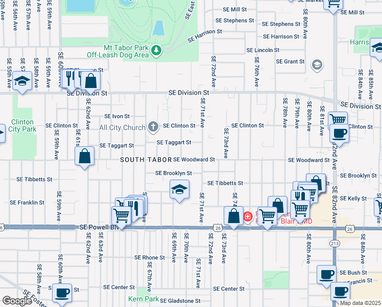 map of restaurants, bars, coffee shops, grocery stores, and more near 7049 Southeast Taggart Street in Portland