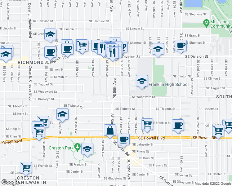 map of restaurants, bars, coffee shops, grocery stores, and more near 2744 Southeast 49th Avenue in Portland
