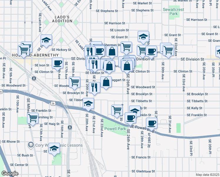 map of restaurants, bars, coffee shops, grocery stores, and more near 2226 Southeast Taggart Street in Portland