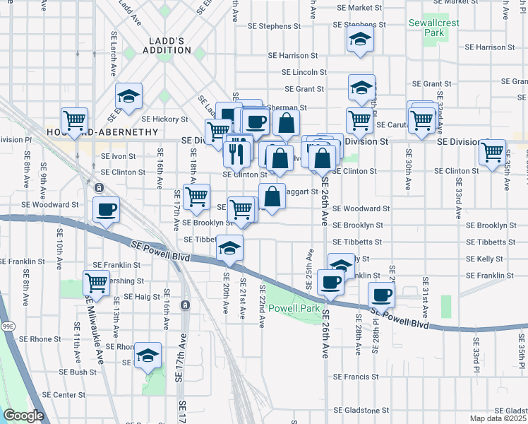 map of restaurants, bars, coffee shops, grocery stores, and more near 2226 Southeast Taggart Street in Portland