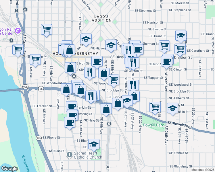 map of restaurants, bars, coffee shops, grocery stores, and more near in Portland
