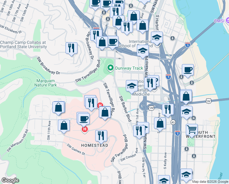 map of restaurants, bars, coffee shops, grocery stores, and more near in Portland