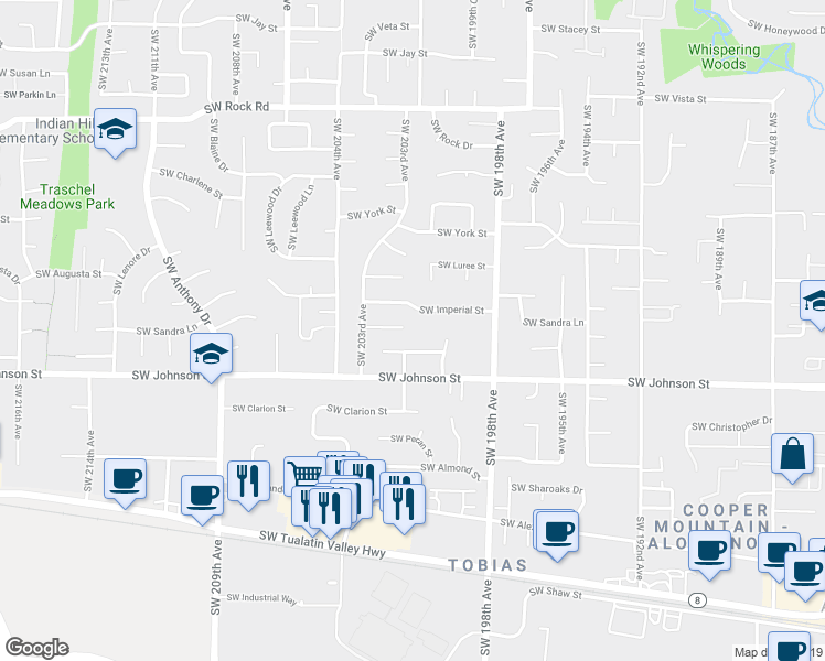 map of restaurants, bars, coffee shops, grocery stores, and more near 20160 Southwest Imperial Street in Aloha