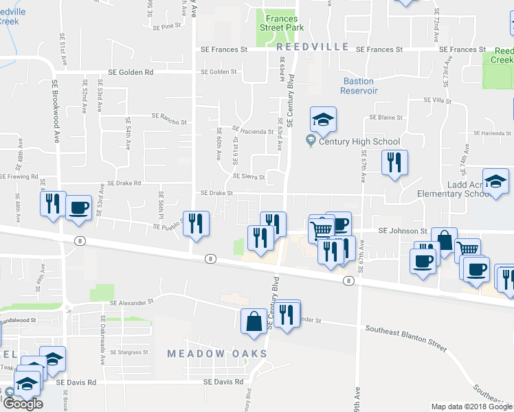 map of restaurants, bars, coffee shops, grocery stores, and more near 6215 Southeast Drake Street in Hillsboro