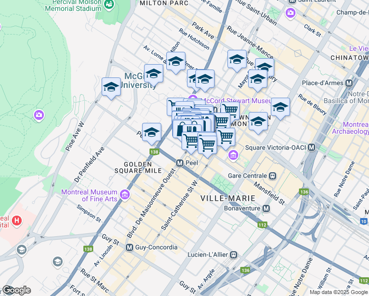 map of restaurants, bars, coffee shops, grocery stores, and more near 1001 Boulevard De Maisonneuve Ouest in Montreal