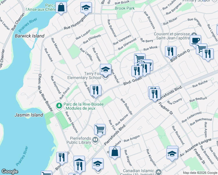 map of restaurants, bars, coffee shops, grocery stores, and more near 13359 Boulevard Gouin Ouest in Montréal