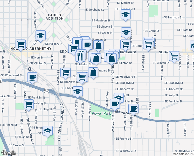 map of restaurants, bars, coffee shops, grocery stores, and more near 2310 Southeast Woodward Street in Portland