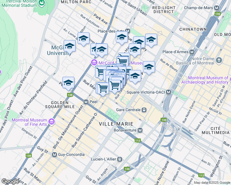 map of restaurants, bars, coffee shops, grocery stores, and more near 1253 Avenue McGill College in Montréal