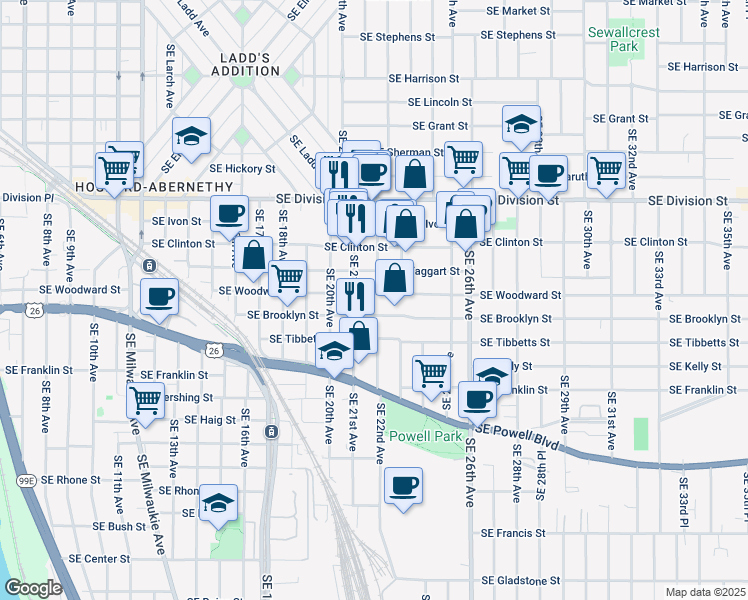 map of restaurants, bars, coffee shops, grocery stores, and more near 2136 Southeast Woodward Street in Portland