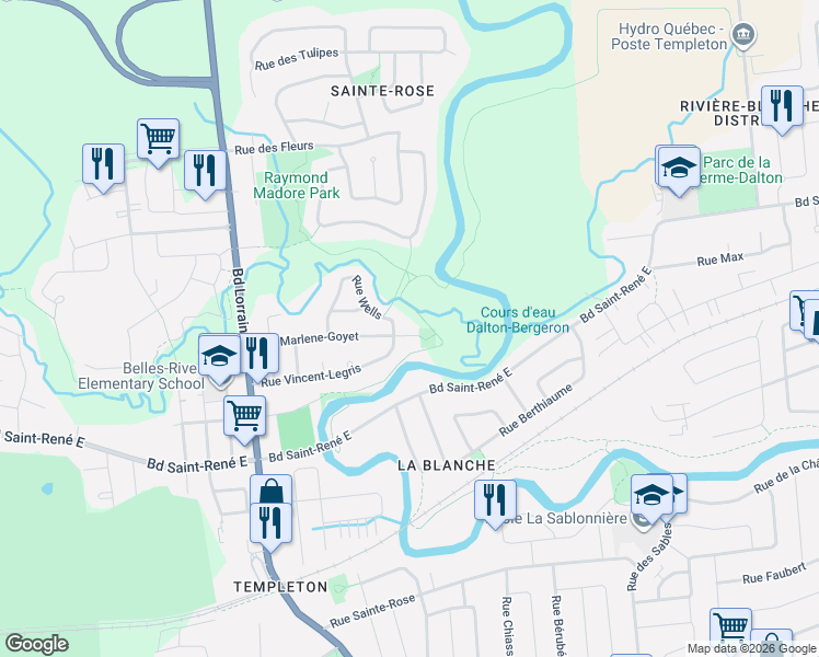 map of restaurants, bars, coffee shops, grocery stores, and more near 93 Rue Marlene-Goyet in Gatineau