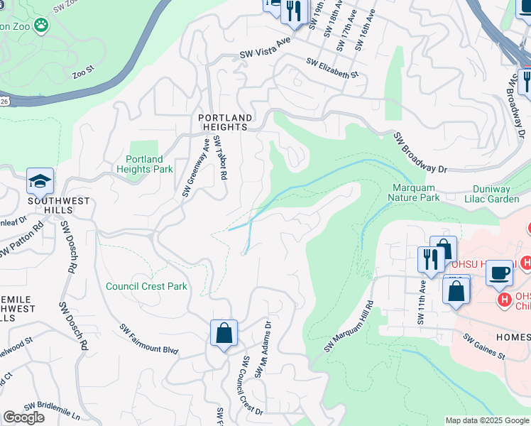 map of restaurants, bars, coffee shops, grocery stores, and more near 2538 Southwest Sherwood Drive in Portland