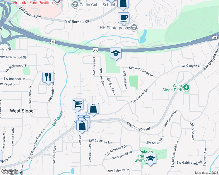 map of restaurants, bars, coffee shops, grocery stores, and more near 2505 Southwest 83rd Avenue in Portland