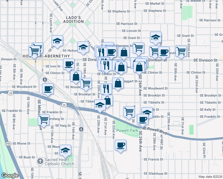 map of restaurants, bars, coffee shops, grocery stores, and more near 2136 Southeast Woodward Street in Portland