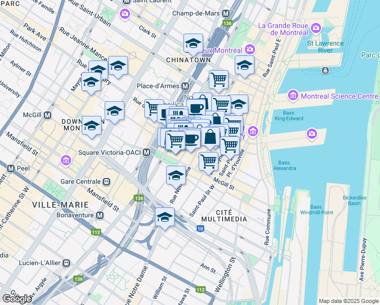 map of restaurants, bars, coffee shops, grocery stores, and more near in Montreal