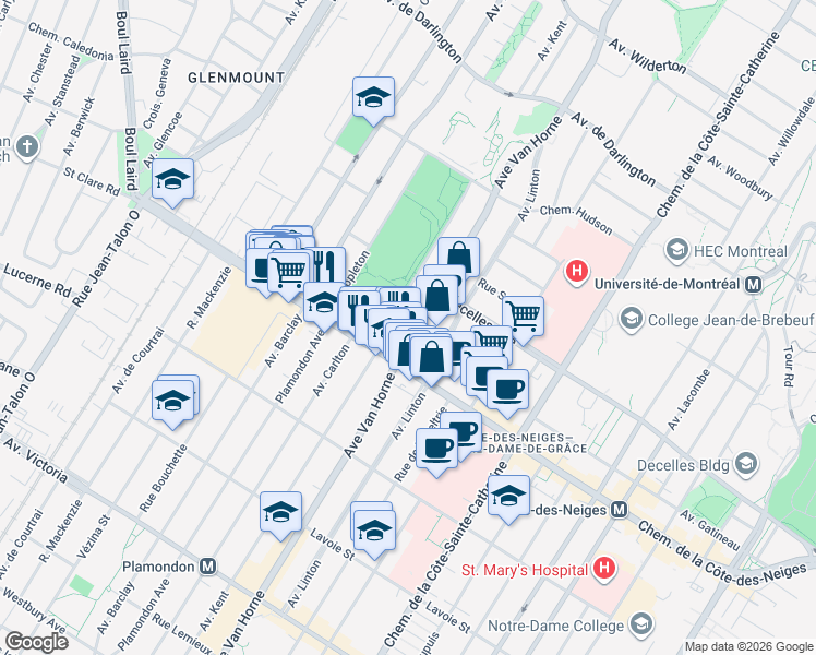 map of restaurants, bars, coffee shops, grocery stores, and more near 3515 Avenue Van Horne in Montréal