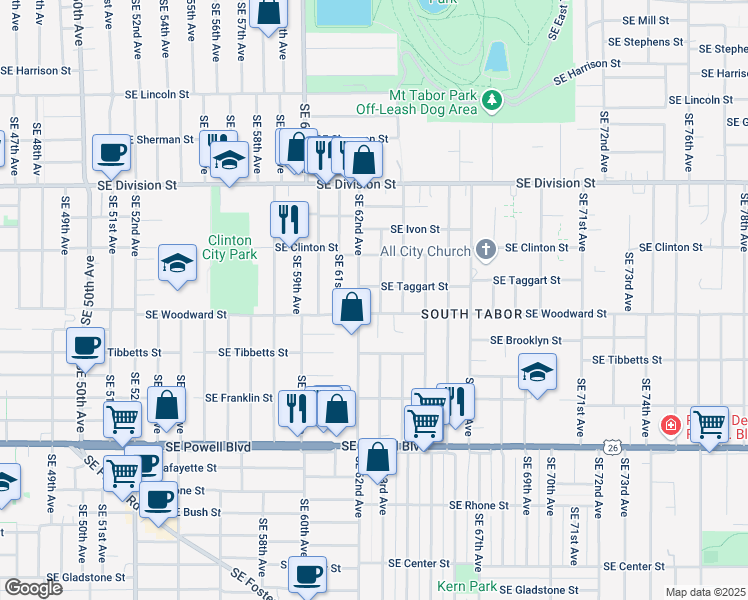 map of restaurants, bars, coffee shops, grocery stores, and more near 2813 Southeast 62nd Avenue in Portland