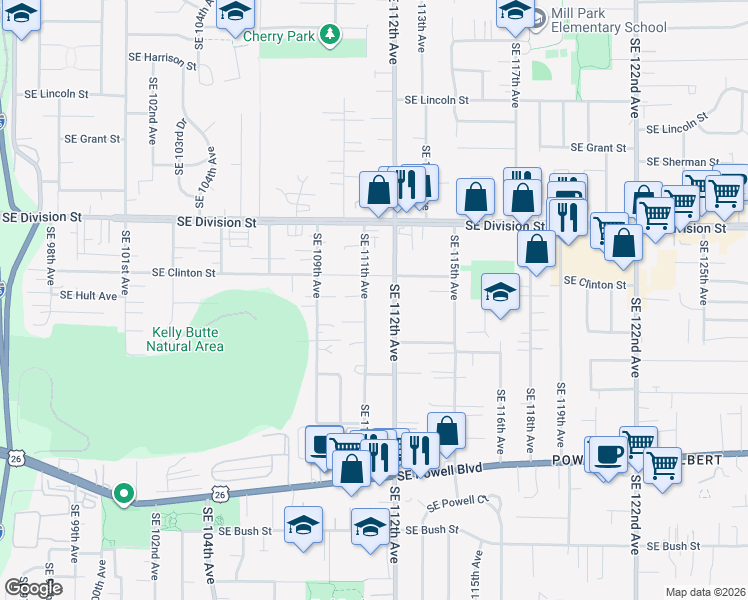 map of restaurants, bars, coffee shops, grocery stores, and more near 2804 Southeast 111th Avenue in Portland
