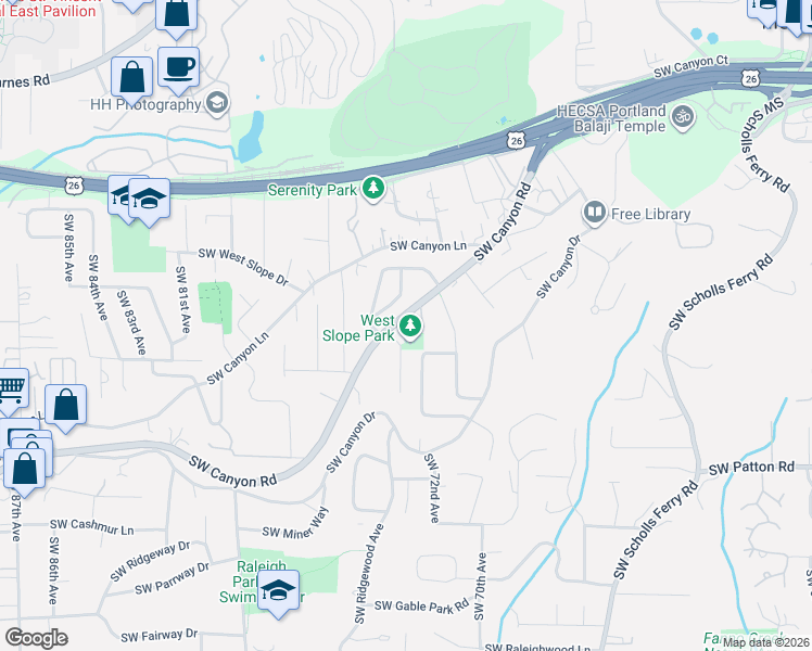 map of restaurants, bars, coffee shops, grocery stores, and more near 7250 Southwest Canyon Road in Portland