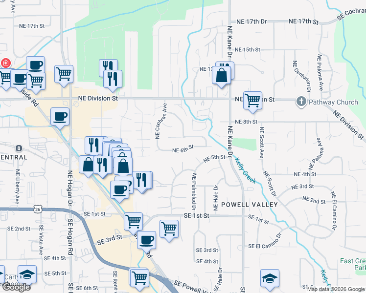 map of restaurants, bars, coffee shops, grocery stores, and more near 2787 Northeast 7th Court in Gresham