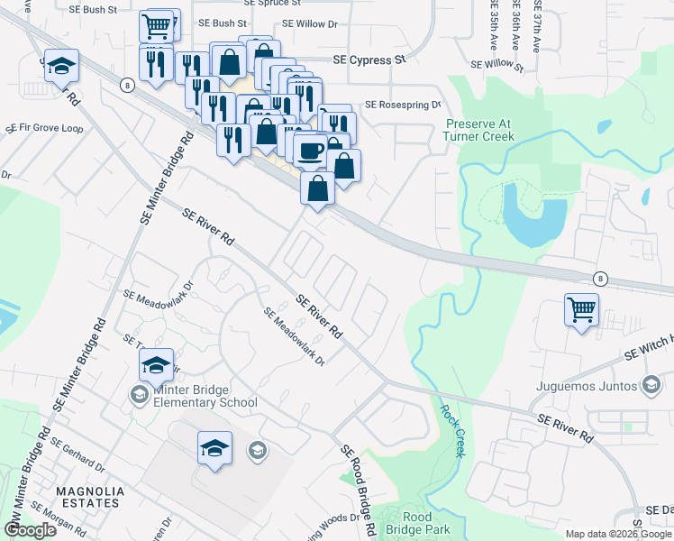 map of restaurants, bars, coffee shops, grocery stores, and more near 2770 Southeast Tualatin Valley Highway in Hillsboro