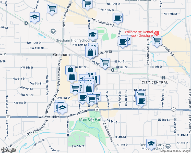 map of restaurants, bars, coffee shops, grocery stores, and more near 719 Northeast Roberts Avenue in Gresham