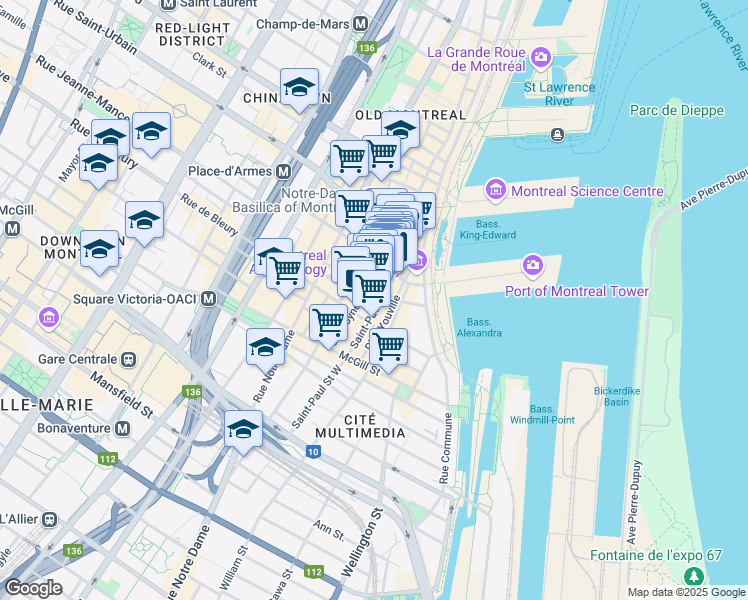 map of restaurants, bars, coffee shops, grocery stores, and more near 179 Rue Saint-Paul Ouest in Montréal
