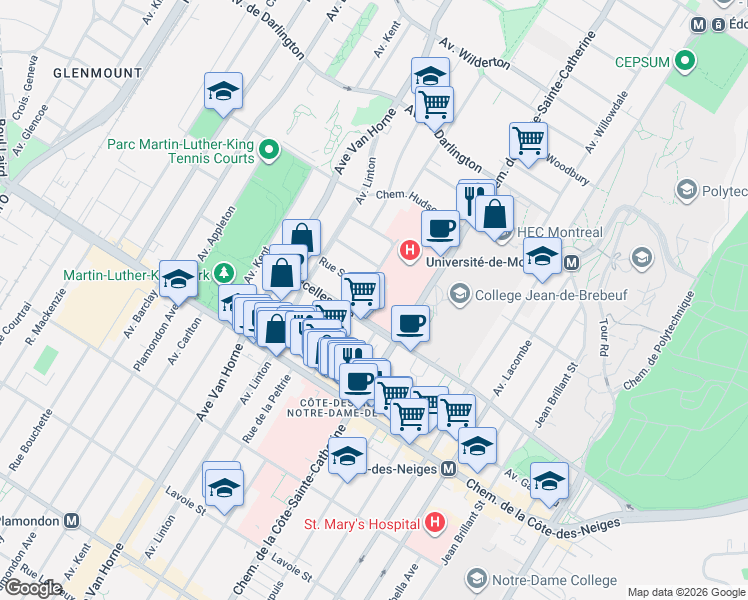 map of restaurants, bars, coffee shops, grocery stores, and more near 3270 Ellendale Avenue in Montrã©Al