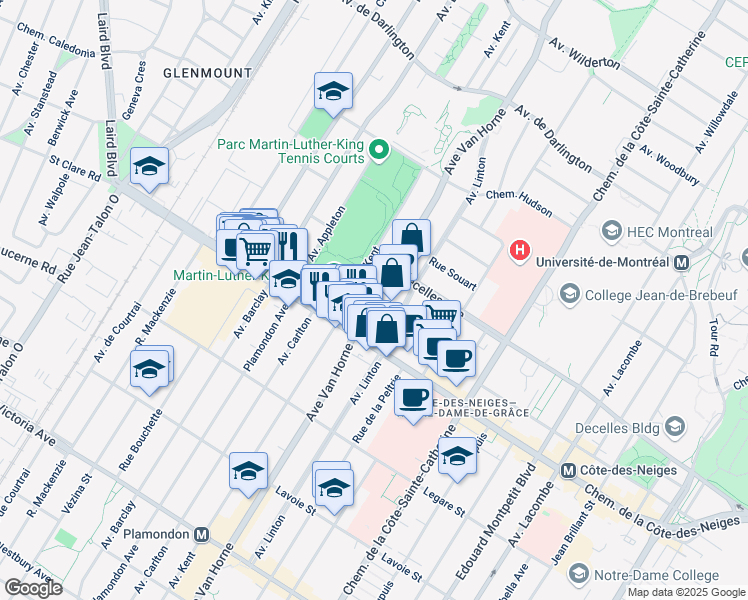 map of restaurants, bars, coffee shops, grocery stores, and more near 3507 Avenue Van Horne in Montreal