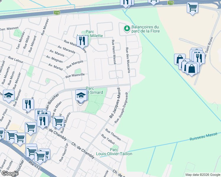 map of restaurants, bars, coffee shops, grocery stores, and more near 1393 Boulevard Gaétan-Boucher in Longueuil