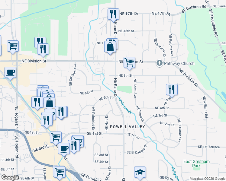 map of restaurants, bars, coffee shops, grocery stores, and more near 3175 Northeast 7th Court in Gresham