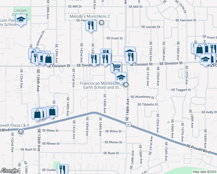 map of restaurants, bars, coffee shops, grocery stores, and more near 2715 Southeast 145th Avenue in Portland