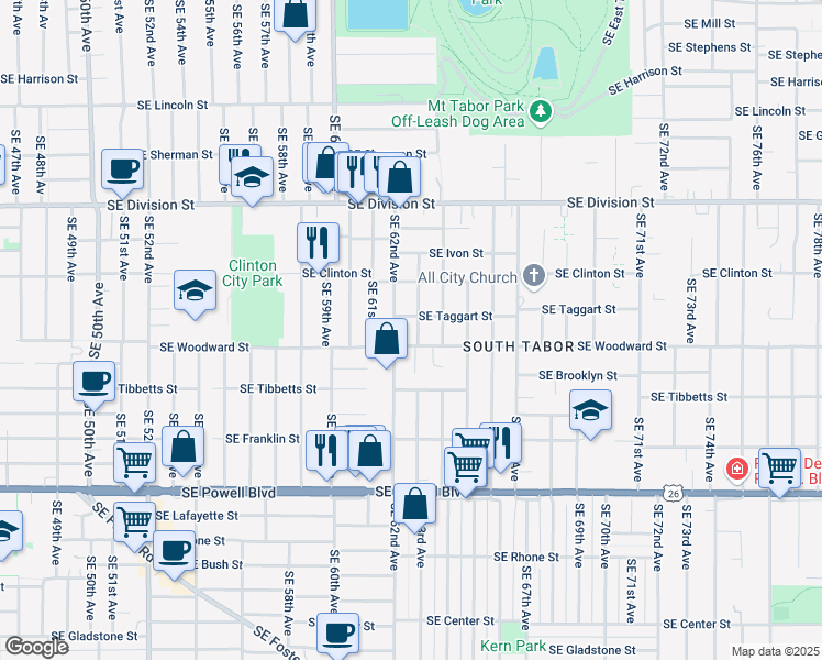 map of restaurants, bars, coffee shops, grocery stores, and more near 2813 Southeast 62nd Avenue in Portland