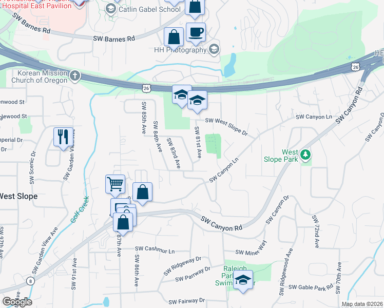map of restaurants, bars, coffee shops, grocery stores, and more near 2400 Southwest 81st Avenue in Portland