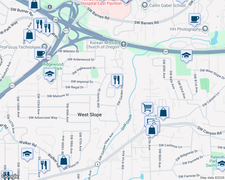 map of restaurants, bars, coffee shops, grocery stores, and more near 2390 Southwest Timberline Drive in Portland
