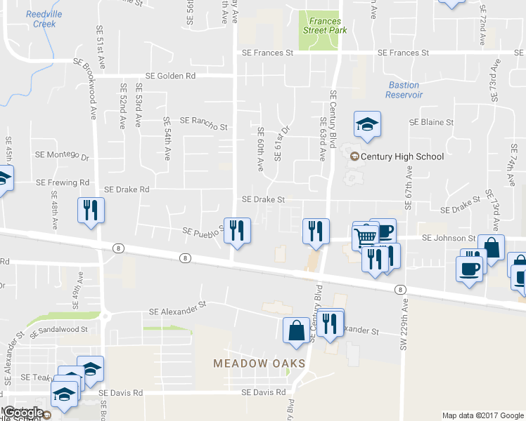 map of restaurants, bars, coffee shops, grocery stores, and more near 2282 Southeast 61st Drive in Hillsboro